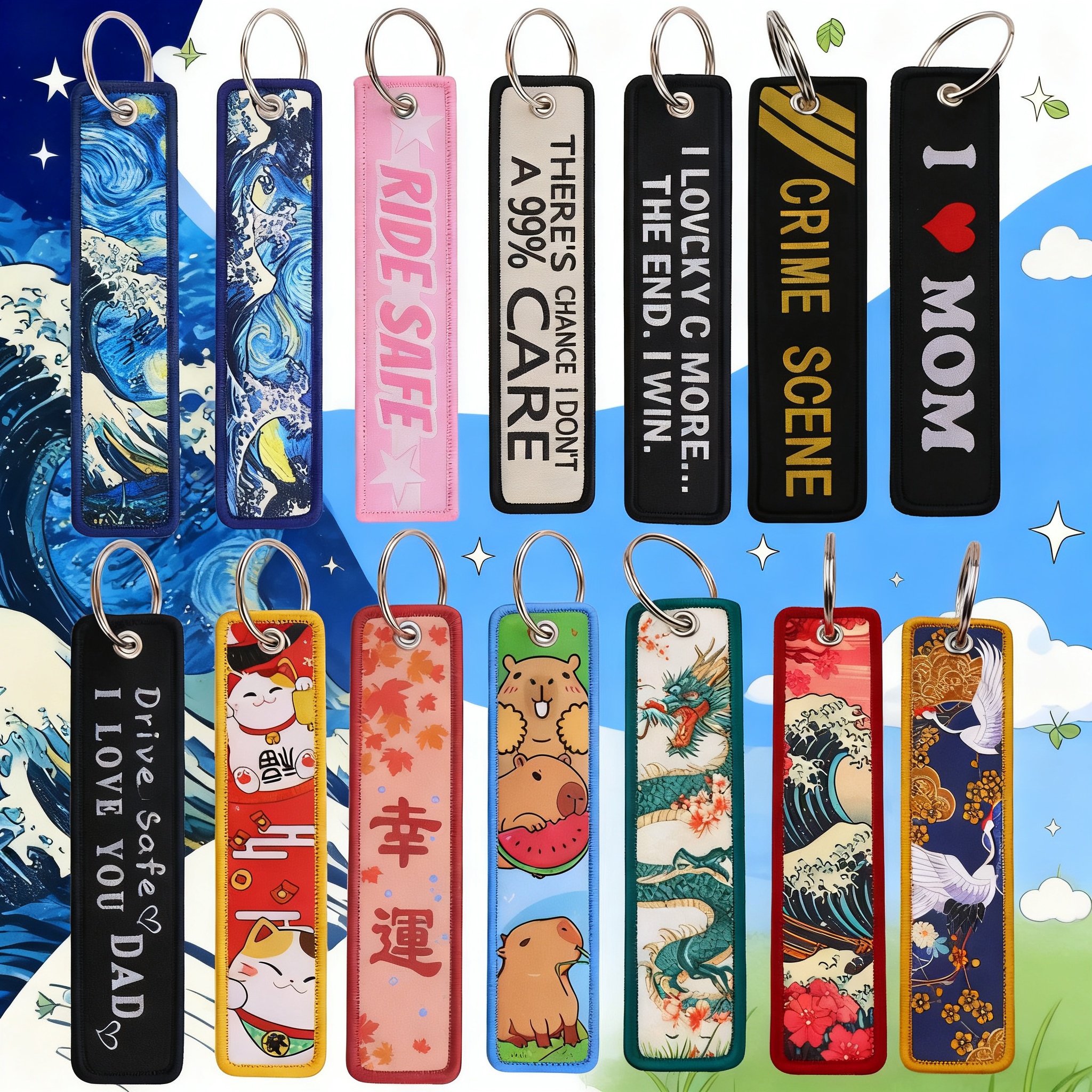 Car Accessories Unique - Van Gogh Embroidery Key Fobs Koi
